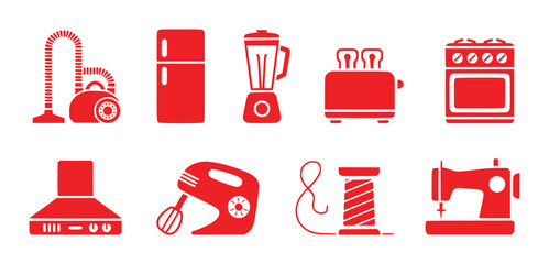 Red Icons of Household Appliances and Sewing Tools on White Background