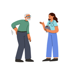 Vector illustration of an elderly man suffering from lower back pain consulting with a female doctor. Healthcare, medical examination, spinal problems, physical therapy, and geriatrics concept. Flat c