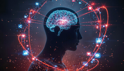 Digital brain with social media icons and neural connections illustrating psychological impact of online interactions and social networking on mental health