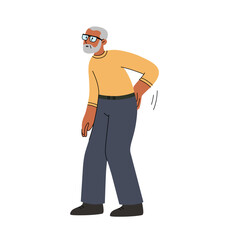 Vector illustration of an elderly man suffering from lower back pain. Senior patient holding his back, experiencing spine discomfort or lumbar pain. Medical, healthcare, and physical therapy concept i