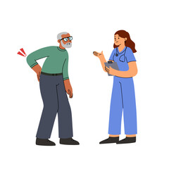 Vector illustration of an elderly man suffering from lower back pain consulting with a female doctor. Healthcare, medical examination, spinal problems, physical therapy, and geriatrics concept. Flat c