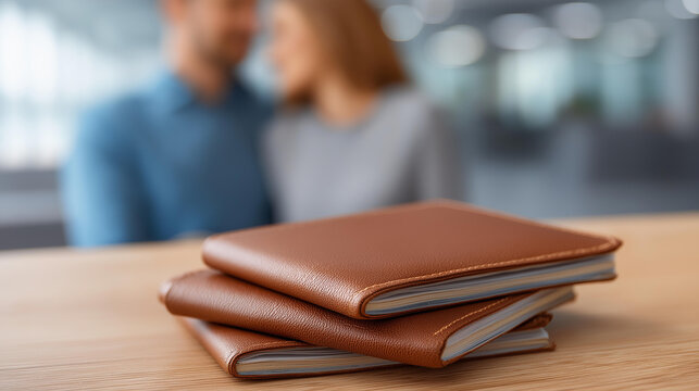 Travel agent offering tickets to couple defocused agency, faceless vacation preparation, tourism visualization detail, blurred office background, summer planning concept, agent int