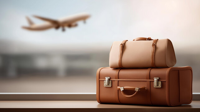 Airport luggage near window with airplane defocused takeoff, faceless travel concept, journey visualization detail, blurred terminal background, vacation concept, baggage interface