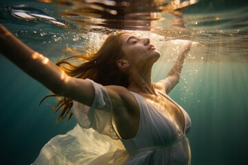 Woman in white dress underwater with sunlight creating a serene and ethereal scene