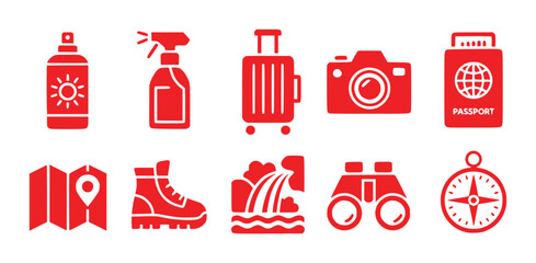 Red Travel Icons: Sunscreen, Luggage, Camera, Passport, Map, Boots, Waterfall, Binoculars, Compass