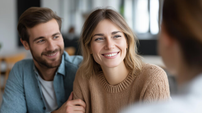 Young couple at travel agency desk with defocused agent, faceless tourism consultation, agency visualization detail, blurred office background, vacation planning concept, client in