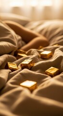 Small chocolates wrapped in gold foil scattered on a rumpled bed with a person resting in the background.