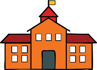 A simple cartoon illustration of an orange school building with a red roof and a yellow flag on top isolated on transparent background