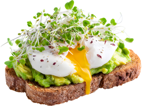Avocado toast topped with sprouts and poached egg isolated on transparent background, representing healthy breakfast and wellness lifestyle.