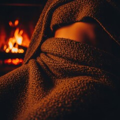 Anonymous person wrapped in a warm, brown hooded blanket relaxing by a cozy fireplace.