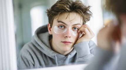 Teenage boy applying under-eye patches at home as symbol of new generation masculine beauty awareness and self-care habits