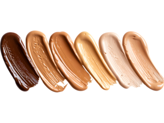 Collection of foundation color swatches in various skin tones isolated on transparent background, representing diversity in beauty.
