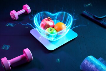 Healthy lifestyle concept with fruits and dumbbells in neon light for weight loss