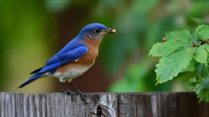 Obraz premium Bluebird perched on wooden fence