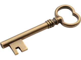 Old-fashioned brass key isolated on transparent background, symbolizing mystery, security, and antique charm.