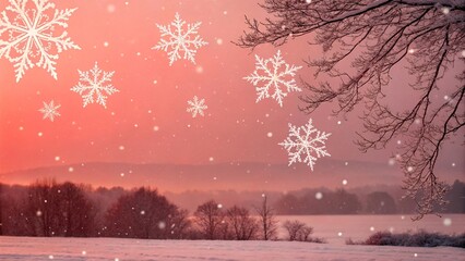 Naklejka premium Gentle snowfall blankets the serene winter landscape with soft light illuminating the sky creating a peaceful holiday atmosphere