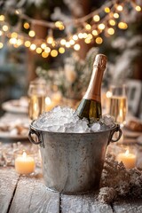 Chilled champagne bottle in metal ice bucket beside flute glass amid warm Christmas tree bokeh. Luxurious New Year toast, elegant festive celebration vibe.