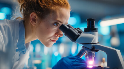 A redhead female scientist in a lab coat looking through a microscope with blue gloves on