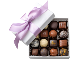 Open box of assorted chocolates with red ribbon isolated on transparent background, representing sweetness and gifts.