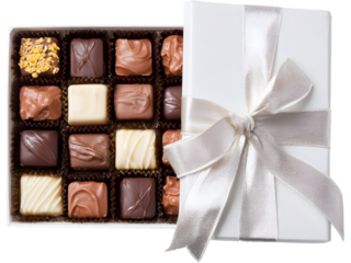 Open box of assorted chocolates with red ribbon isolated on transparent background, representing sweetness and gifts.