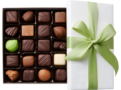 Open box of assorted chocolates with red ribbon isolated on transparent background, representing sweetness and gifts.
