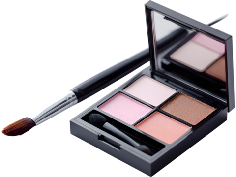 Open pink eyeshadow palette with brush isolated on transparent background, symbolizing beauty, makeup, and femininity. - Powered by Adobe
