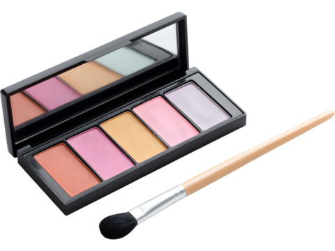 Open pink eyeshadow palette with brush isolated on transparent background, symbolizing beauty, makeup, and femininity.