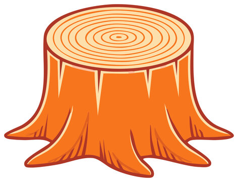 Whimsical Tree Stump Illustration with Visible Growth Rings, Cartoon Style Woodcut, Forest Element