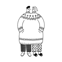 Couple sharing oversized sweater vector illustration for cozy winter love and holiday romance. Person couple in pajamas doodle line art monochrome togetherness at home
