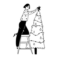 Woman on ladder decorating christmas tree with star vector illustration for holiday preparation. Festive person putting up ornament doodle line art monochrome winter event