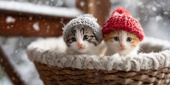Two adorable kittens in gray and red knitted pom-pom hats sitting in wicker basket with snow falling outside window. Cute winter pet portrait, cozy festive holiday vibe full of innocence and warmth.