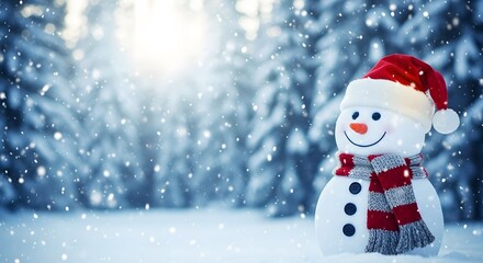 Fototapeta premium Happy snowman wearing a red santa hat and scarf standing in a snowy forest during winter