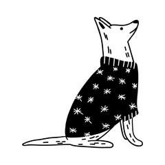 Dog wearing Christmas sweater vector illustration for holiday pet theme and winter season style. Animal sitting doodle line art monochrome snowflake pattern