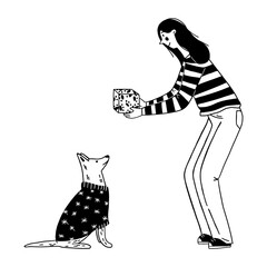 Woman giving gift box to dog vector illustration for holiday pet surprise and animal celebration. Person present monochrome doodle line art winter loving owner