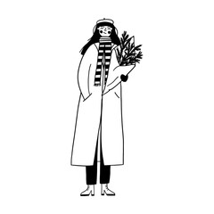 Woman carrying fir tree branches vector illustration for Christmas holiday shopping and winter style. Person in long coat with scarf doodle line art monochrome festive bouquet