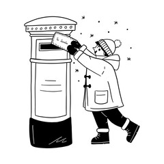 Kid sending letter to Santa postbox vector illustration for Christmas holiday tradition and winter event. Child boy mailbox snow doodle line art monochrome style wish list