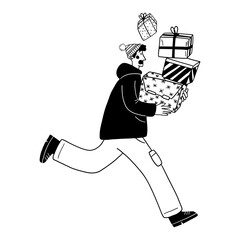 Man running and rushing with pile of gift boxes vector illustration for holiday shopping sales and event surprise. Person delivering presents doodle line art monochrome style winter hurry