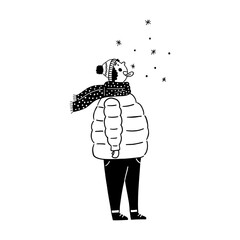 Little boy catching snowflakes with mouth vector illustration for happy winter activity and cold weather fun. Child enjoys snow season doodle line art monochrome style cheerful outdoor moment