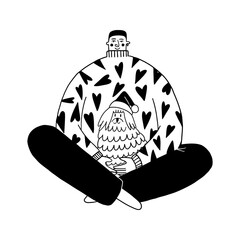 Man sitting cross legged holding dog wearing Santa hat vector illustration for cozy Christmas holiday. Person pet owner doodle line art monochrome style winter rest