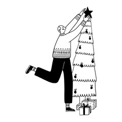 Person decorating Christmas tree putting star on top vector illustration for holiday preparation. Elderly man festive activity doodle line art monochrome style winter tradition