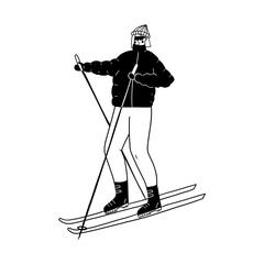 Person cross country skiing with poles vector illustration for winter sports activity and cold weather fun. Woman on skis doodle line art monochrome style seasonal leisure