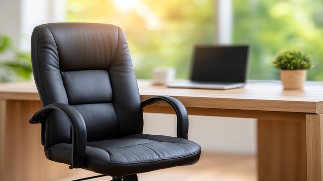 Home office work setup cozy desk with modern ergonomic chair and laptop in bright environment