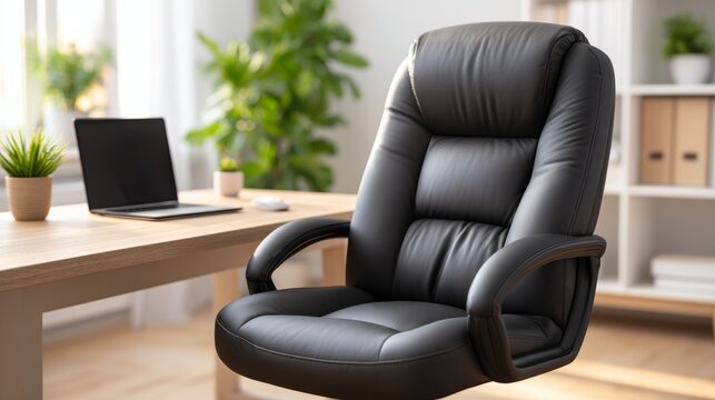 Cozy work from home desk setup featuring modern ergonomic chair and laptop in bright office environment