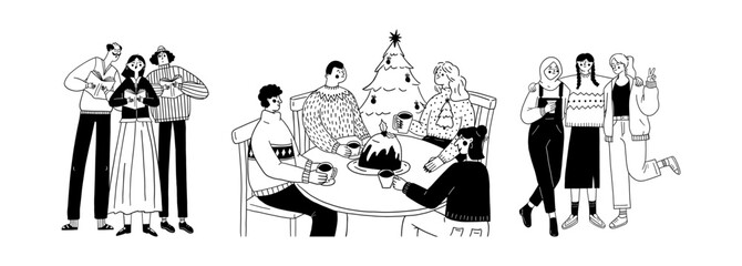 Set of people celebrating Christmas - carolers, friends at holiday dinner, girls posing for a photo vector illustration. Collection of seasonal celebration events, doodle line art monochrome style