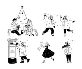 Set of children in winter activities -  opening gifts under Christmas tree, playing in snow, vector illustration. Collection of kids Christmas celebration and holiday fun doodle line art style