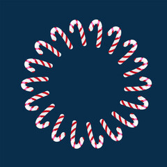 A round frame with Christmas candy canes on a blue background. The frame features cinnamon sticks and a white candy cane with red stripes. Perfect for Christmas cards, posters, and banners.