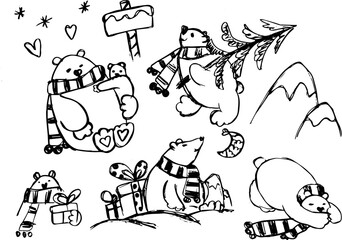 hand-drawn winter doodles with cute bears, gifts, scarves, and snowflakes