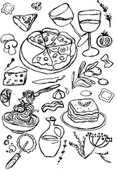 hand-drawn Italian cuisine doodles with pizza, pasta, wine, cheese, and herbs