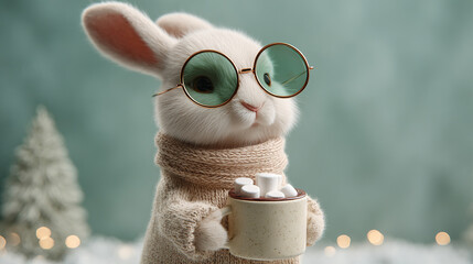 A fluffy bunny in a sweater & scarf enjoys winter with hot cocoa and marshmallows. The bunny wears round glasses & sits in a snowy landscape.
