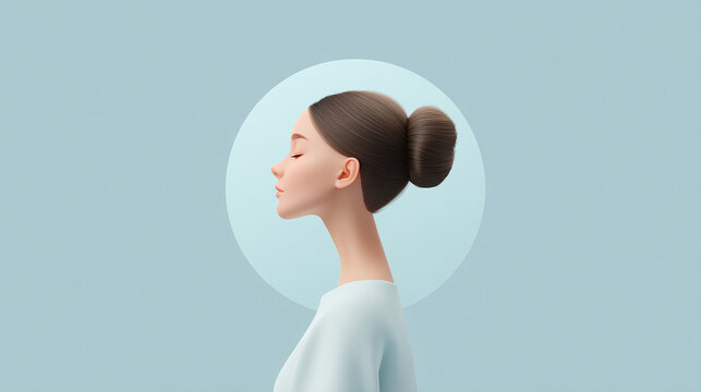 Serene profile of a woman with her eyes closed, showcasing a graceful bun hairstyle and a soft, peaceful expression against a pastel backdrop. - Powered by Adobe